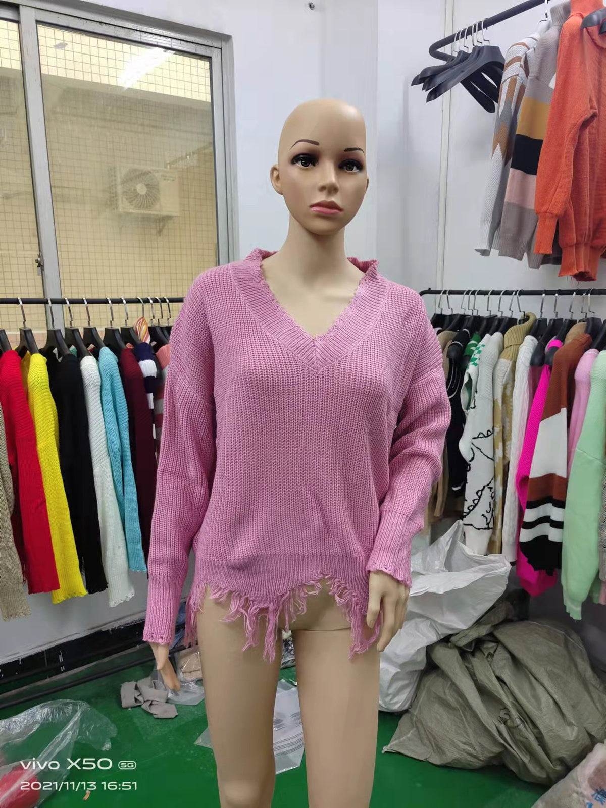 Oversized Deep V Neck Distressed Sweater Frayed Hem