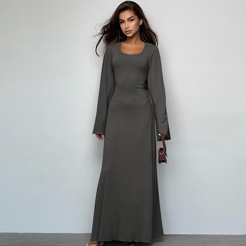 Square Neck Tie Back Long Sleeve Ribbed Maxi Dress