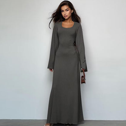 Square Neck Tie Back Long Sleeve Ribbed Maxi Dress