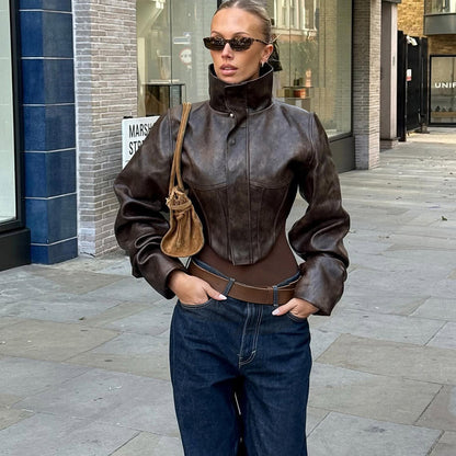 Womens Faux Leather Corset Jacket Cropped Moto Zip Up