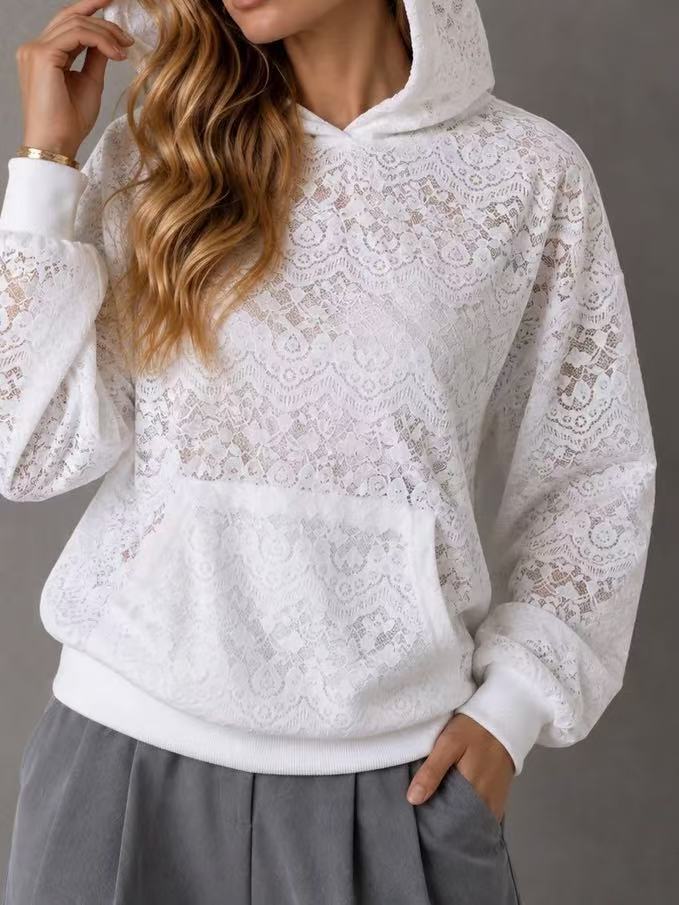 Women's Lace Hoodie Oversized Balloon Sleeve Pocket