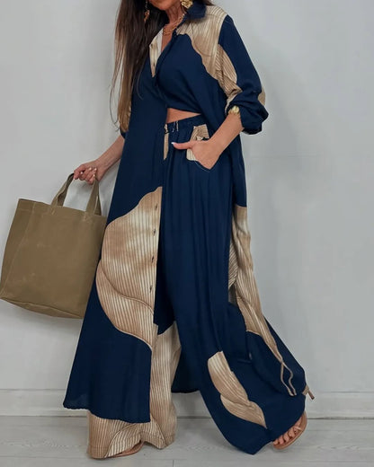 Color Block Shirt Wide Leg Pants Two Piece Set
