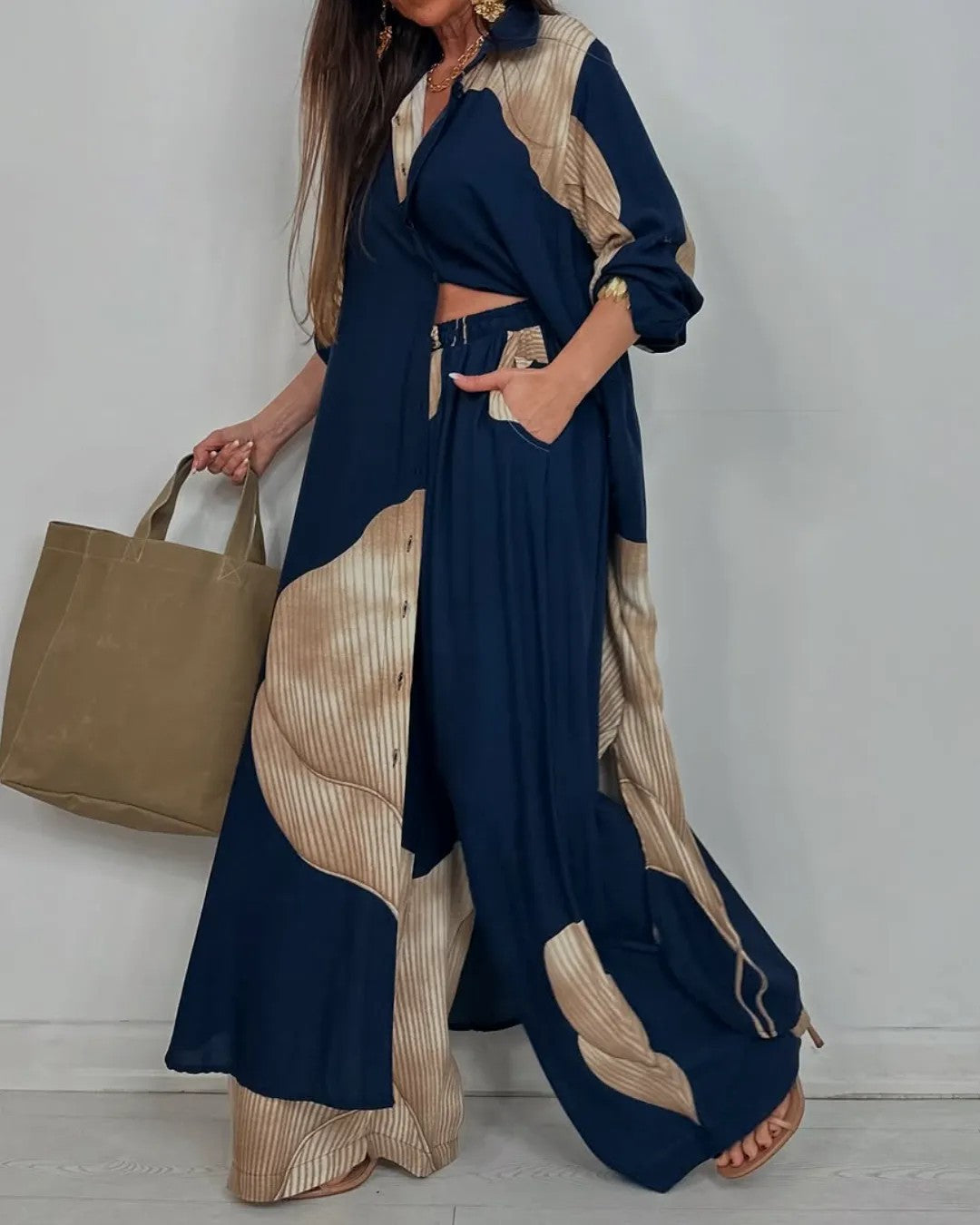 Women Color Block Oversized Shirt Pants Two Piece Set