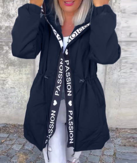Women Hooded Long Puffer Jacket Letter Tape Drawstring Coat