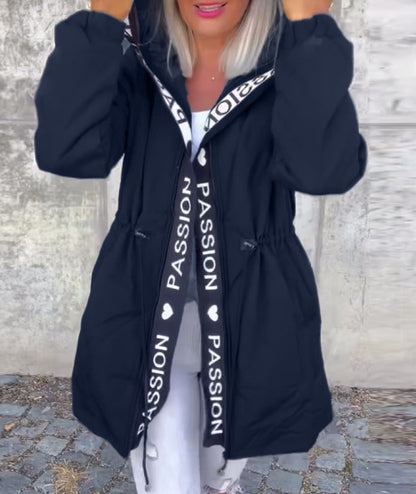 Women Hooded Long Puffer Jacket Letter Tape Drawstring Coat