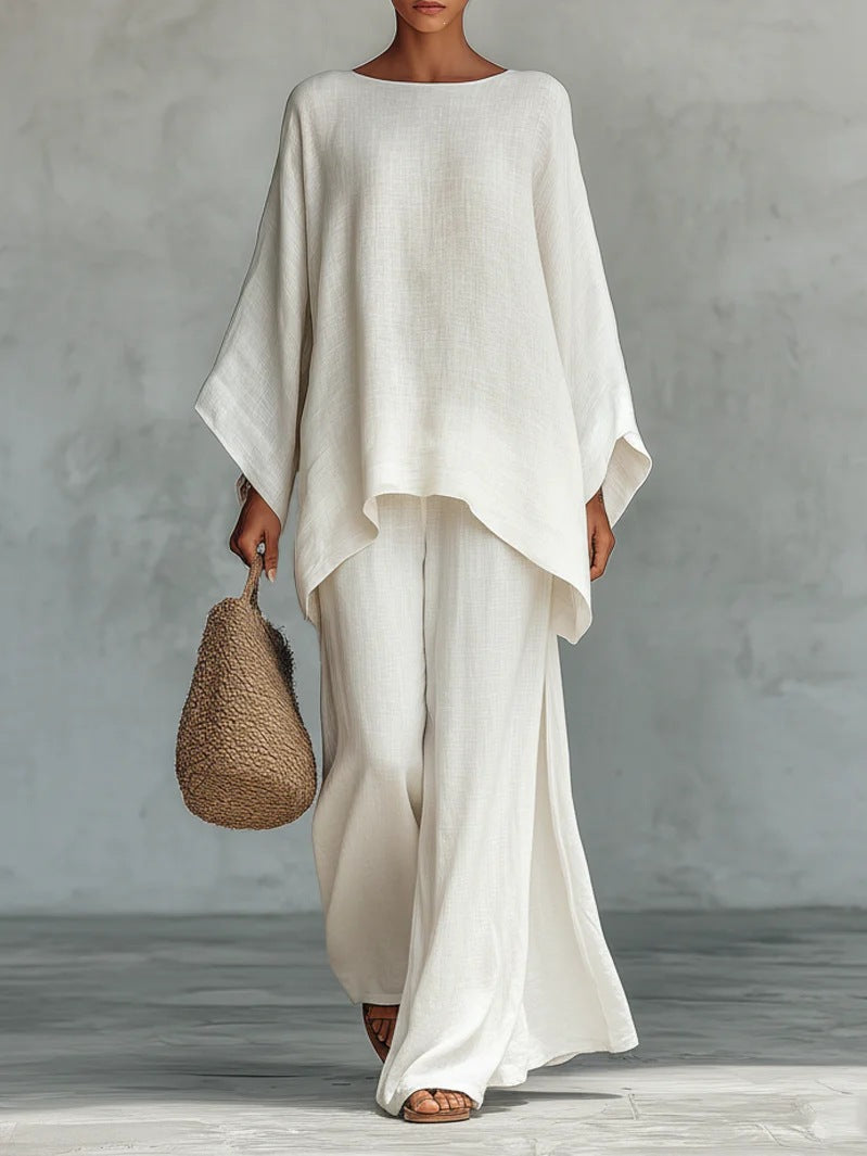 Linen Blend Batwing Top Wide Leg Pants Two Piece Set