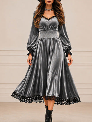 Women's Velvet Lace Trim V-Neck Long Sleeve Midi Dress