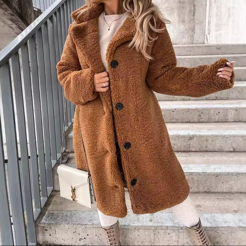 Womens Long Faux Shearling Coat Button Front Lapel Jacket