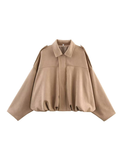 Womens Oversized Faux Suede Collared Zip Jacket
