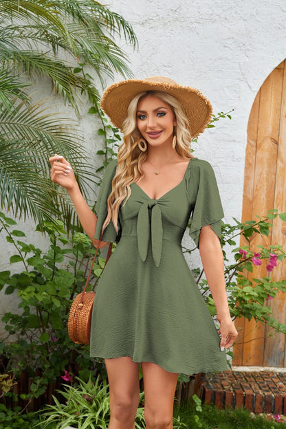 Blue V Neck Tie Front Mini Dress Summer