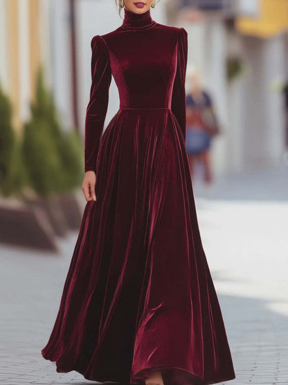 Elegant Velvet Turtleneck Long Sleeve Maxi Dress