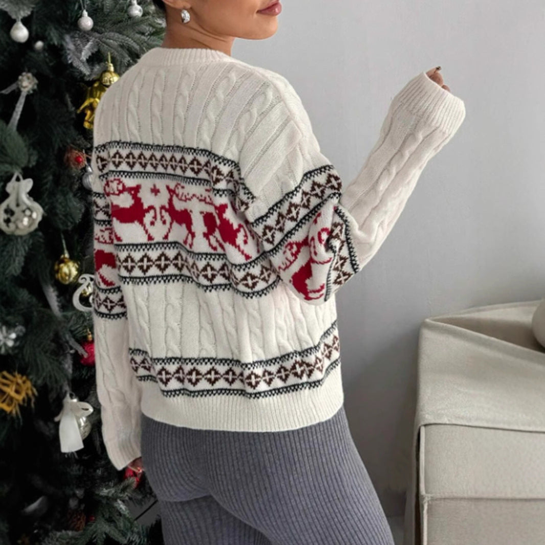 Women's Christmas Reindeer Cable Knit Crewneck Sweater