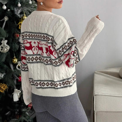 Women's Christmas Reindeer Cable Knit Crewneck Sweater