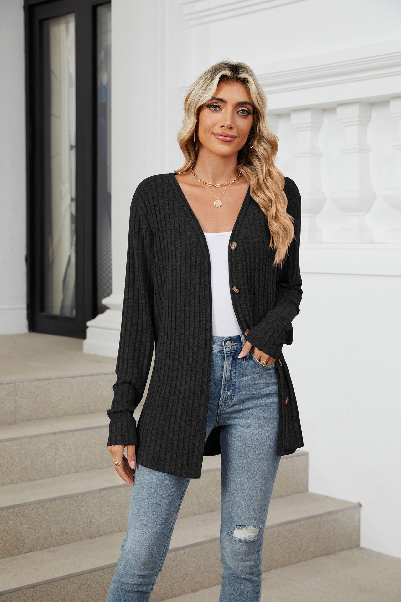 Soft Ribbed Button-Down Knit Cardigan for Fall & Winter