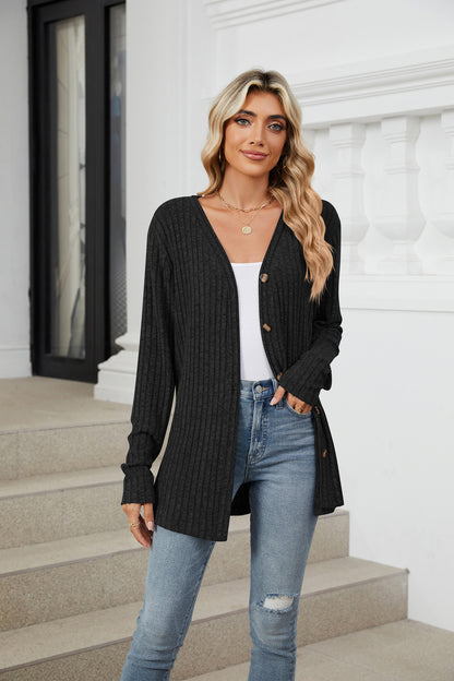 Soft Ribbed Button-Down Knit Cardigan for Fall & Winter