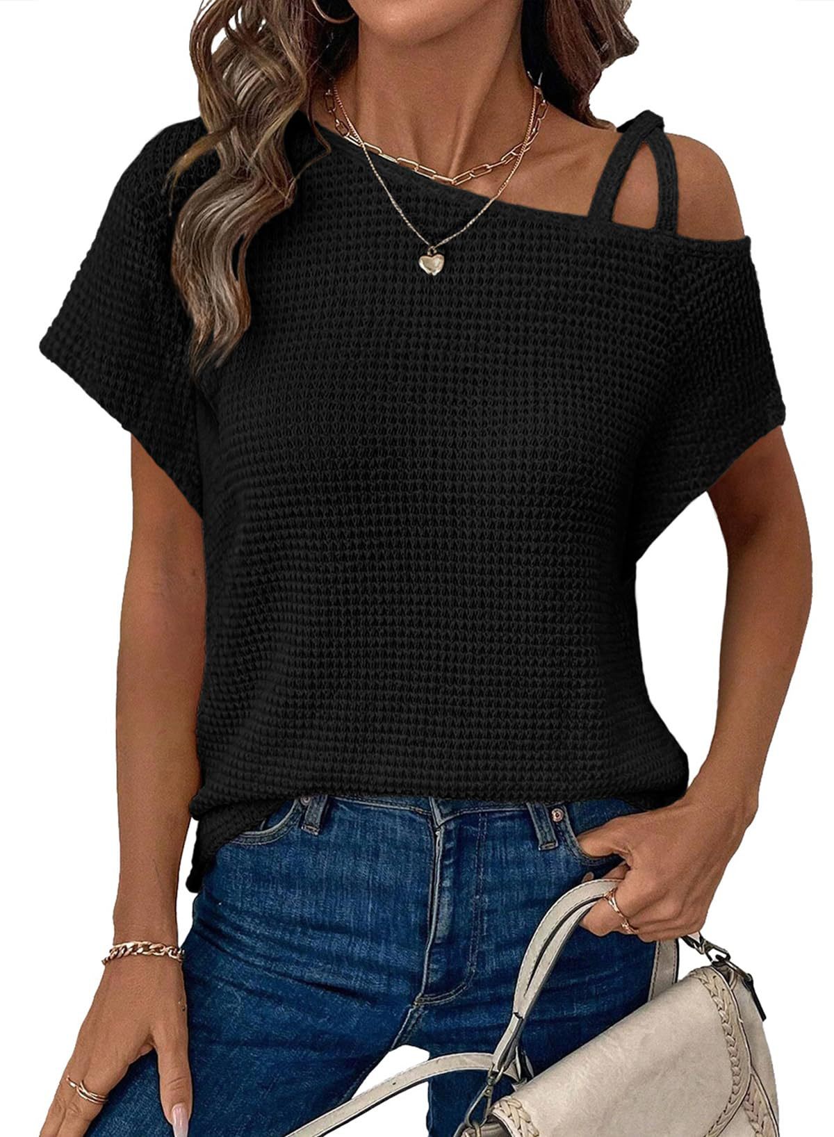 Women's Off-Shoulder Knit Top – Casual Summer Short Sleeve Blouse
