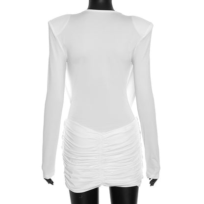 Sexy Deep V Neck Long Sleeve Ruched Bodycon Mini Dress