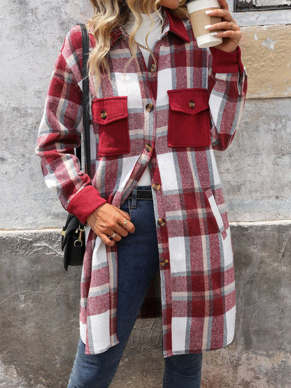 Plaid Shirt Jacket for Women - Long Button Front Coat