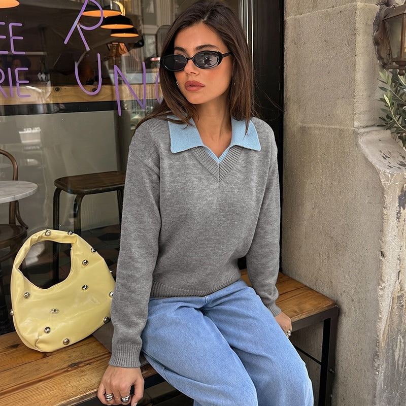 Women's Layered Collar Knit Sweater Casual Pullover