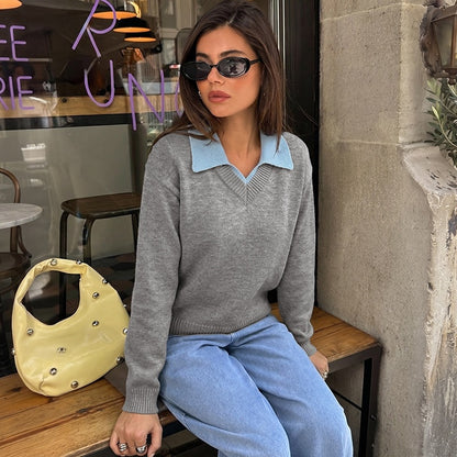 Women's Layered Collar Knit Sweater Casual Pullover
