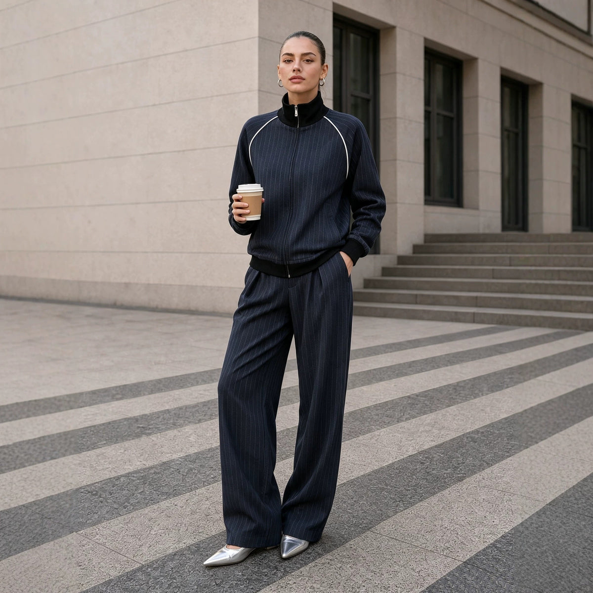 Women's Striped Zip Up Jacket Wide Leg Pants 2 Piece Set