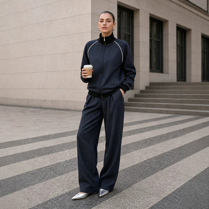 Women's Striped Zip Up Jacket Wide Leg Pants 2 Piece Set