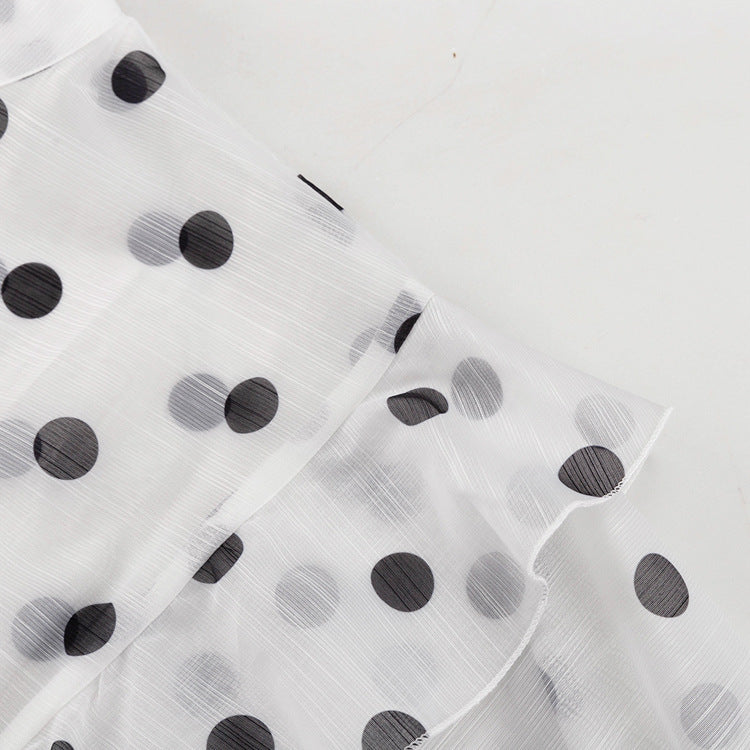 Polka Dot Ruffle Stand Collar Blouse Tie Waist Long Sleeve
