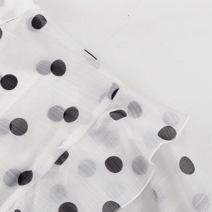 Polka Dot Ruffle Stand Collar Blouse Tie Waist Long Sleeve