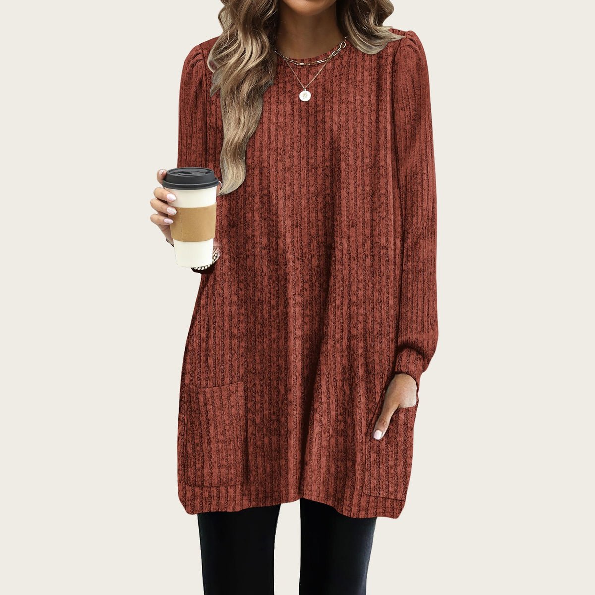 Women's Oversized Long Bubble Sleeve Tunic Top with Pockets