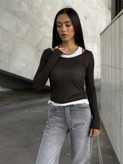 Vintage Layered Look Contrast Long Sleeve Modal Tee