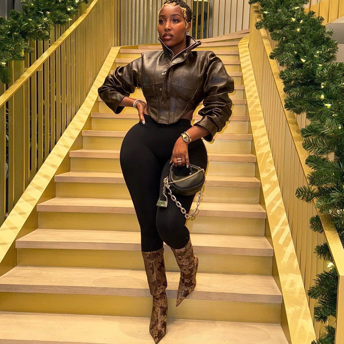 Womens Faux Leather Corset Jacket Cropped Moto Zip Up