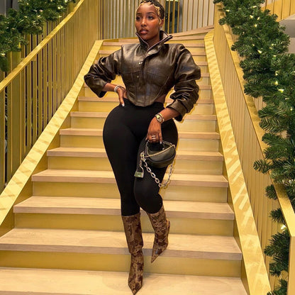 Womens Faux Leather Corset Jacket Cropped Moto Zip Up