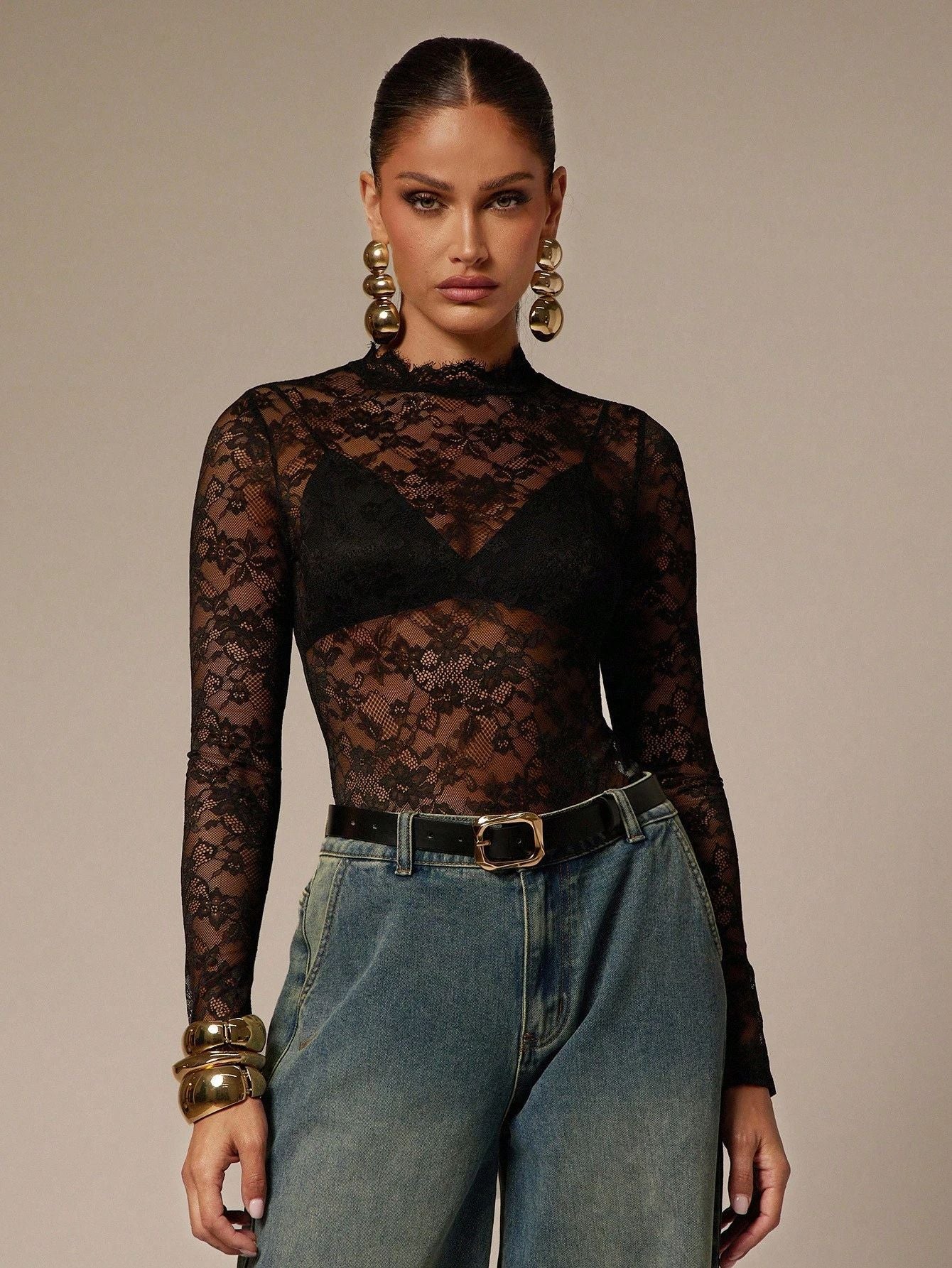 Black Floral Lace Bodysuit Sheer Mesh Mock Neck Top