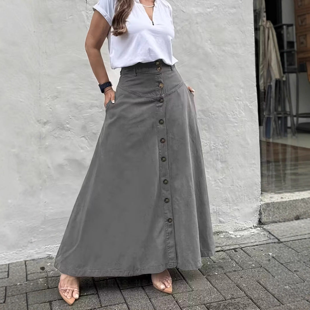 Women's High Waist Button Front Maxi Skirt A-Line Pockets