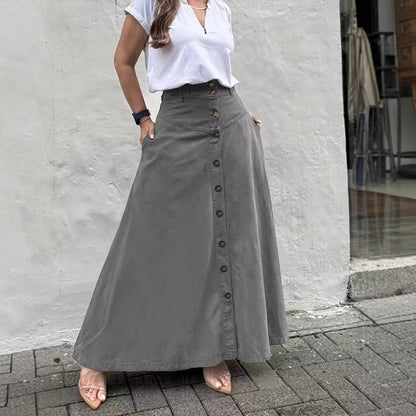 Women's High Waist Button Front Maxi Skirt A-Line Pockets