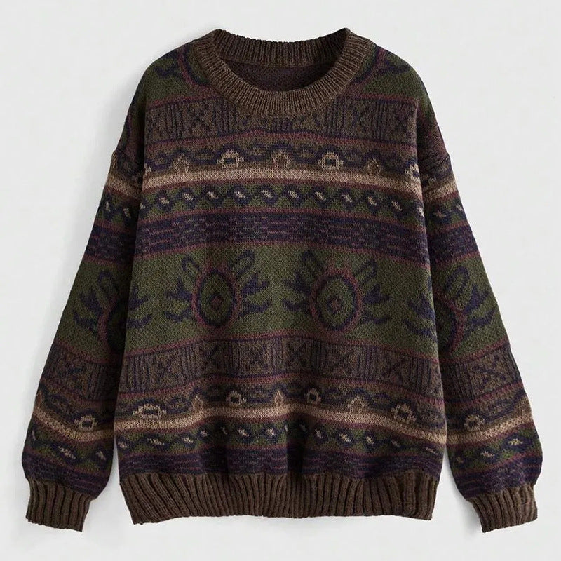 Women's Oversized Vintage Jacquard Crewneck Knit Sweater