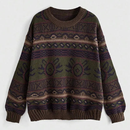 Women's Oversized Vintage Jacquard Crewneck Knit Sweater