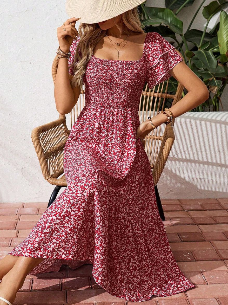 Floral Smocked Square Neck Midi Dress Ruffle Sleeve