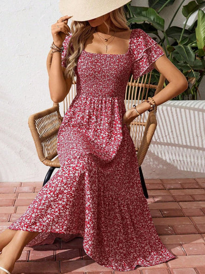 Floral Smocked Square Neck Midi Dress Ruffle Sleeve