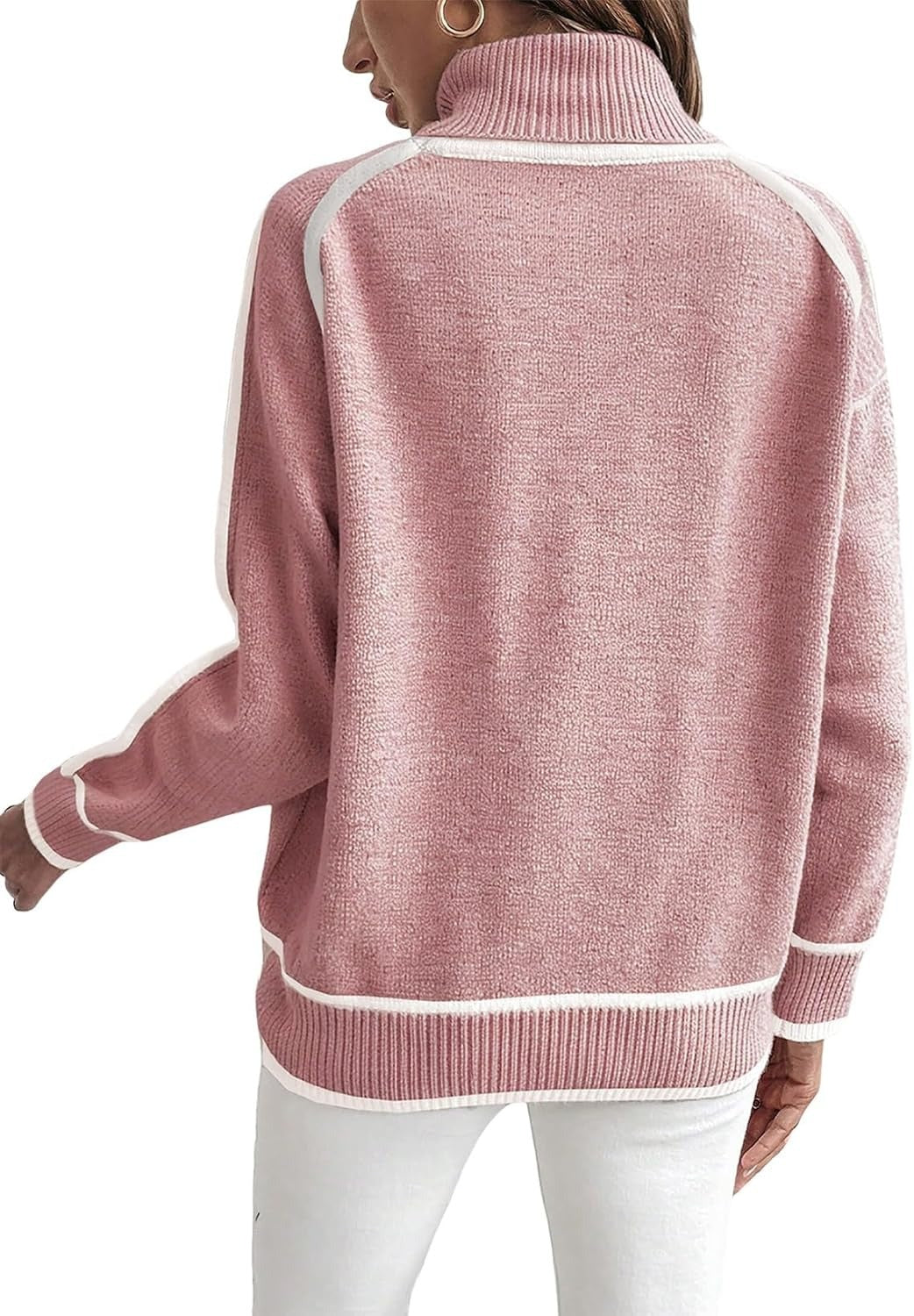 Women's Oversized Turtleneck Sweater Contrast Trim Pullover