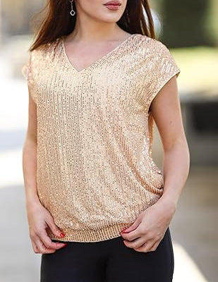 Sequin Sparkly V Neck Sequin Blouse with Raglan Sleeves