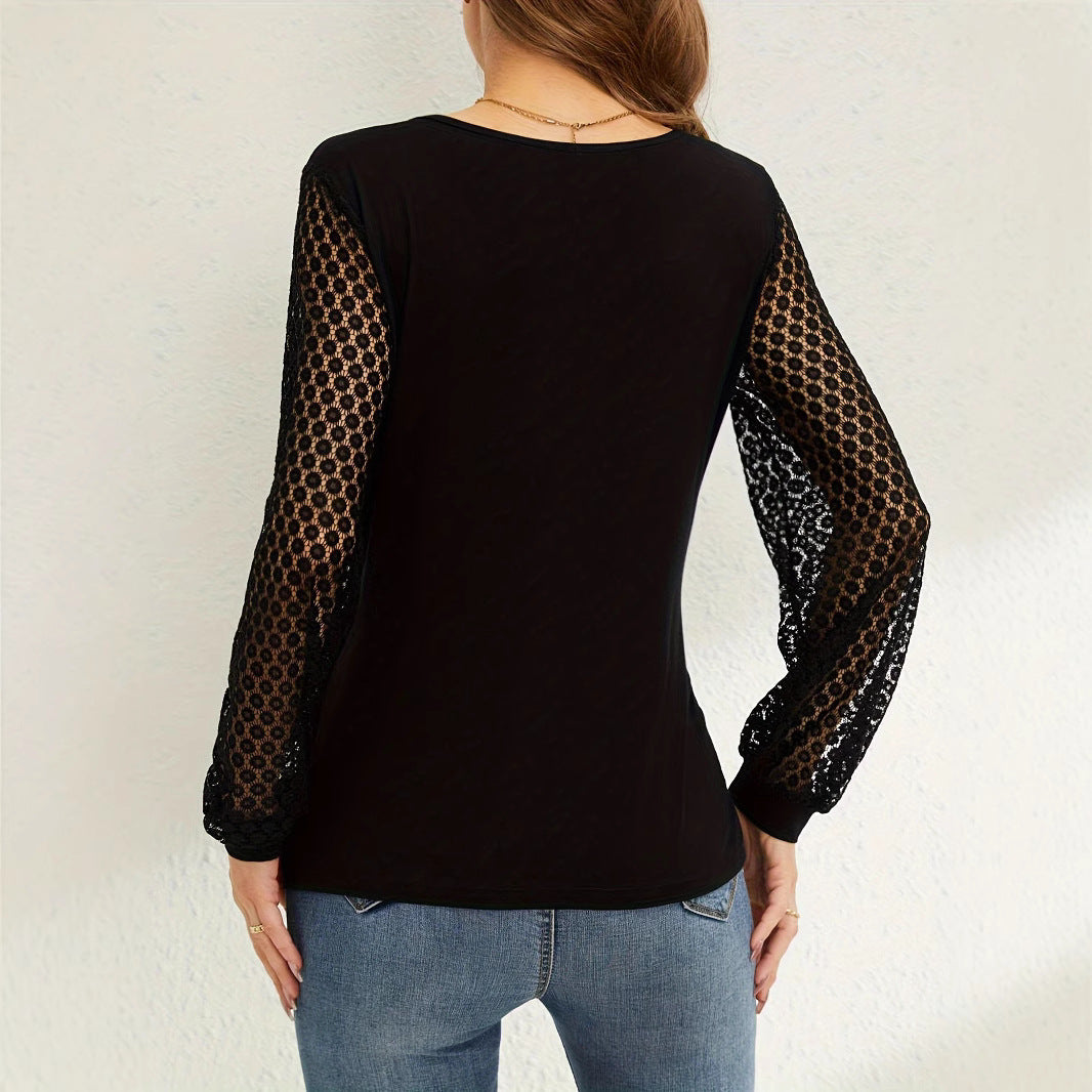 French Lace Sleeve Cross Wrap V-Neck Blouse for Women