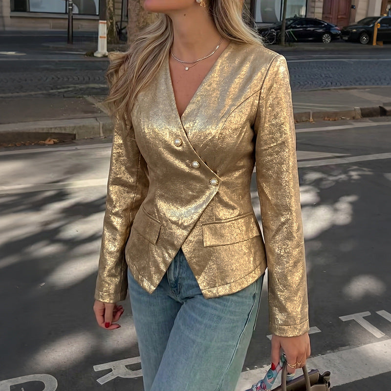 Metallic Gold Blazer V Neck Button Slim Jacket