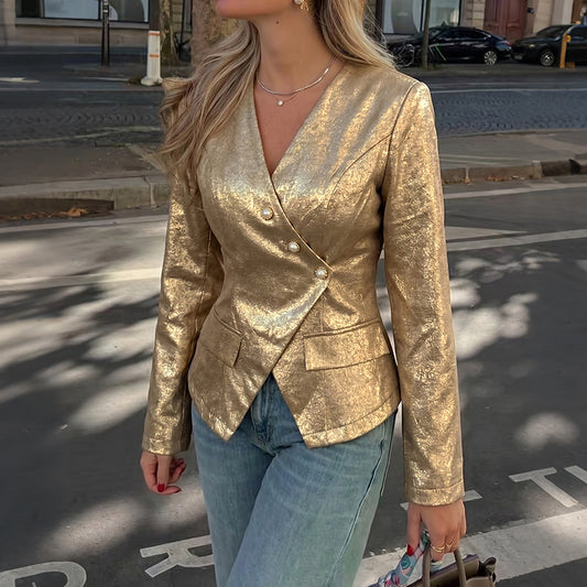 Metallic Gold Blazer V Neck Button Slim Jacket