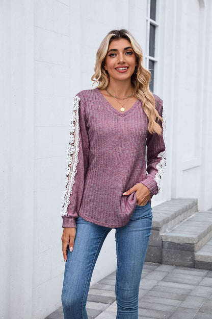 Women's V Neck Lace Long Sleeve Tunic Top