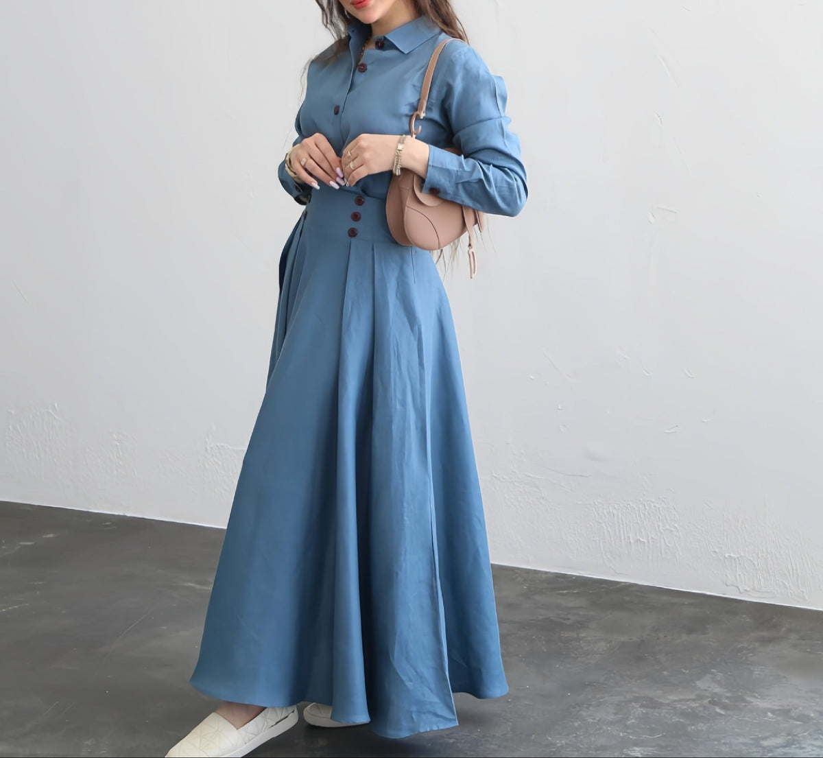 Elegant Women Long Sleeve Blouse Maxi Skirt Two Piece Set