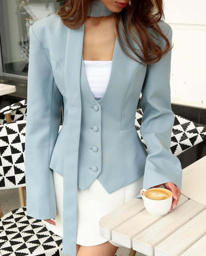 Women's V-Neck Fitted Long Sleeve Tie Blazer