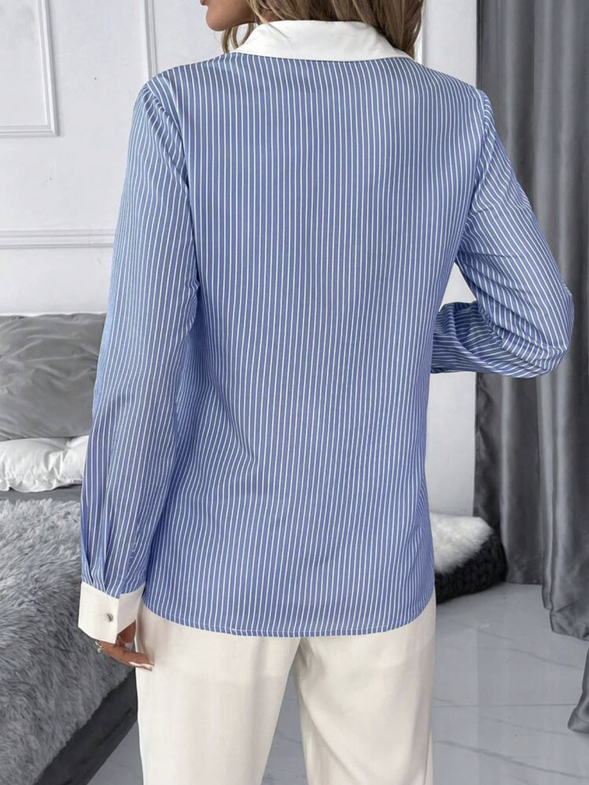 Women's Blue Striped Contrast Collar Long Sleeve Blouse
