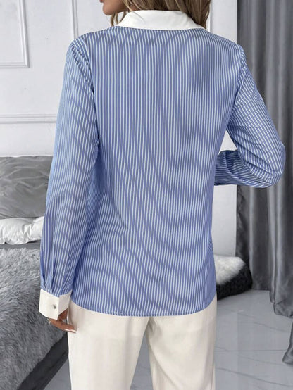 Women's Blue Striped Contrast Collar Long Sleeve Blouse