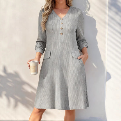 Ribbed V Neck Button Long Sleeve Midi Knit Dress Pockets